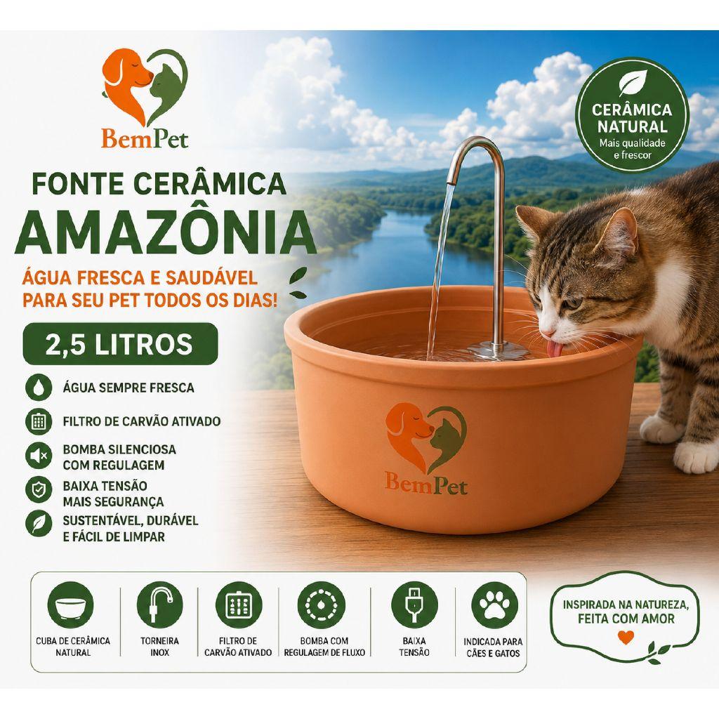 Fonte Bebedouro de Barro BemPet para Gatos e Cães