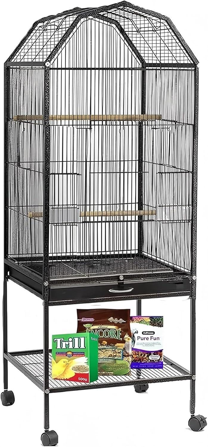 MBOX Gaiola para Pássaros 142x46x46cm 2 Andares com Rodízios 360°, Bandeja Removível, Acessórios (3 Poleiros) – Gaiola para Calopsita, Aves Médias – Espaço Inferior para Armazenar Ração (Preto)