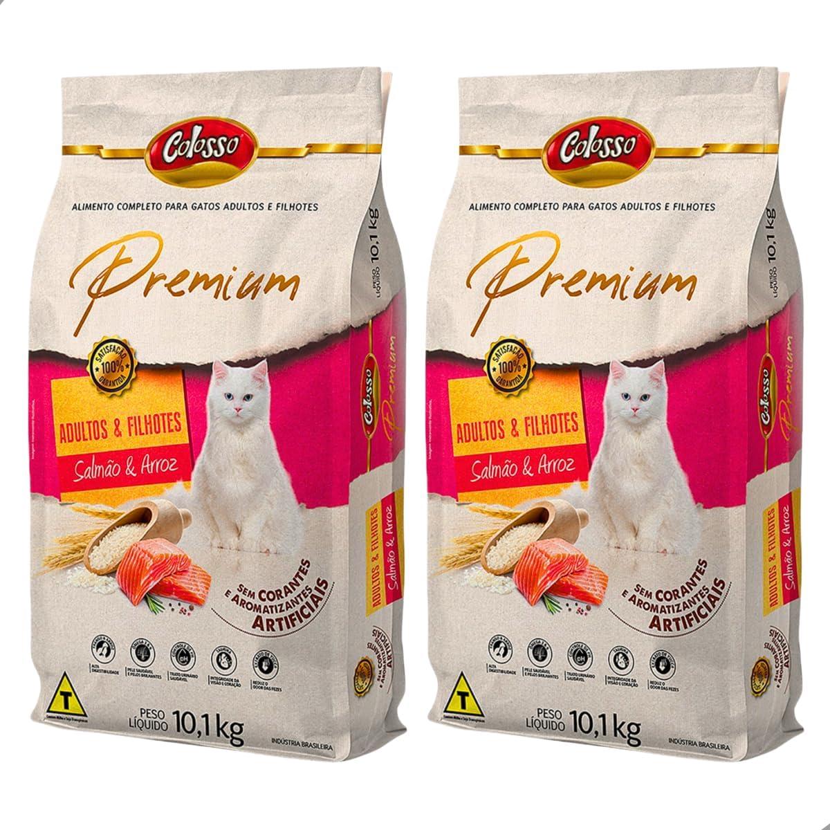 KIT 2 Ração Colosso Premium Gatos Adultos e Filhotes Alta Digestiva Fibras Naturais Salmão e Arroz 10,1KG