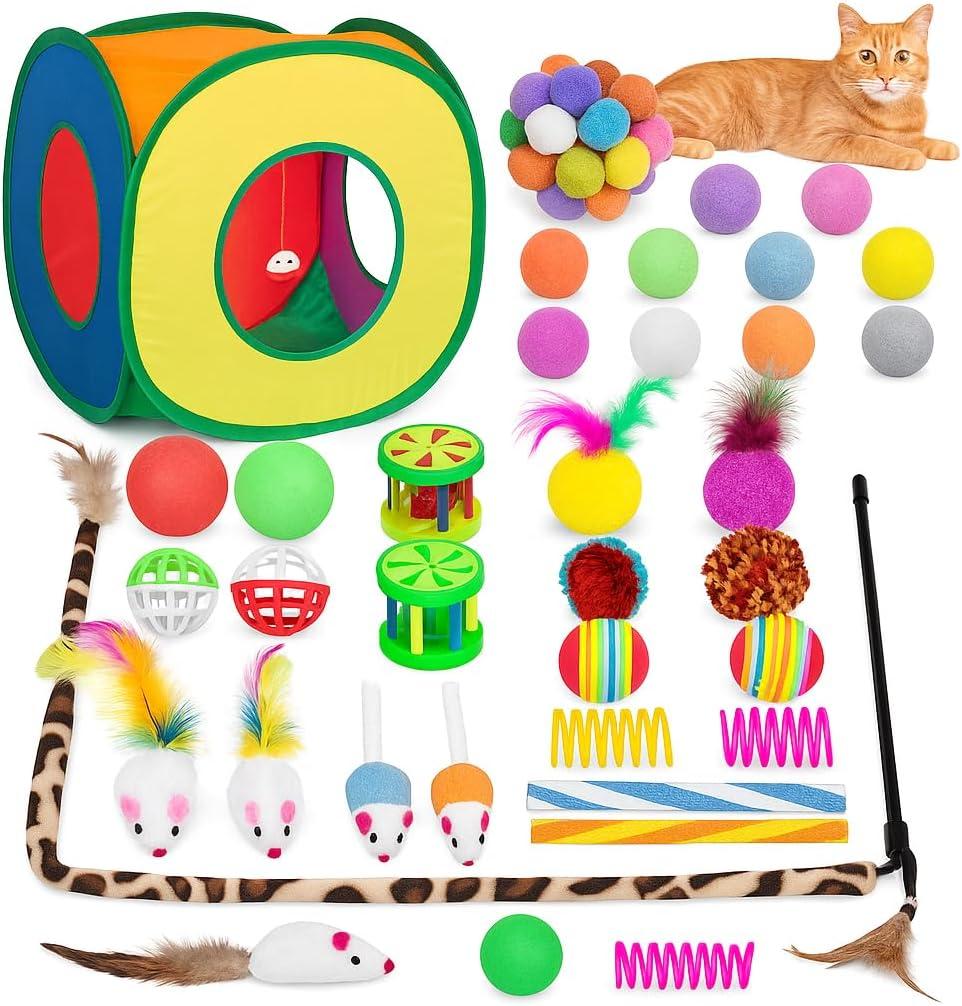 Kit Interativo 33 Brinquedos para Gatos com Túnel Dobrável, Ratinhos, Bolas e Varinha com Penas – Estímulo e Diversão Completa para Gatos Pequenos e Grandes (Para gatos menores de 5,44kg)