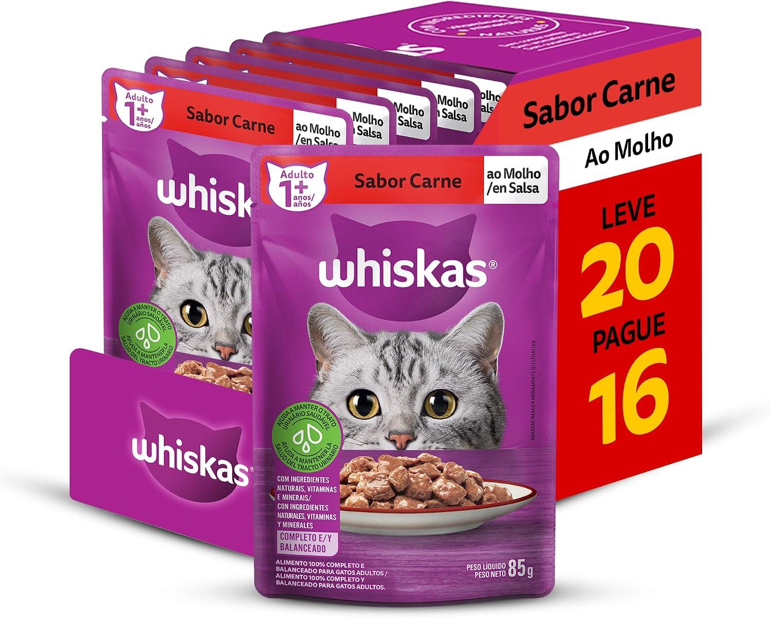 Ração Úmida Whiskas Sachê Carne ao Molho para Gatos Adultos | Pack Leve 20 Pague 16